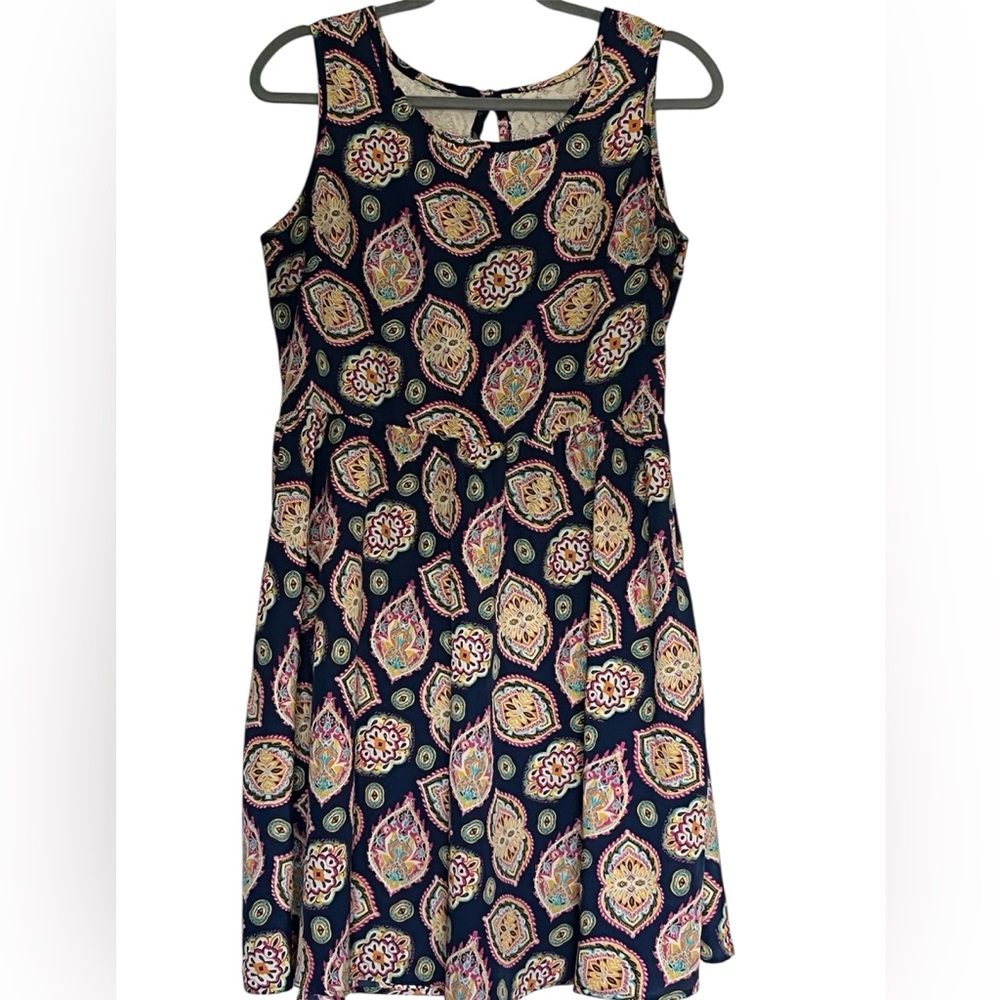 Paisley Print Fit And Flare Sleeveless Dress Multicolor Lace Back Bohemian Sz 13